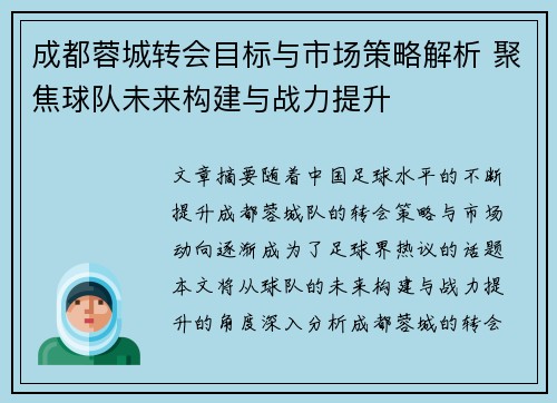 成都蓉城转会目标与市场策略解析 聚焦球队未来构建与战力提升