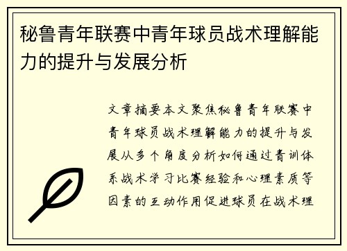 秘鲁青年联赛中青年球员战术理解能力的提升与发展分析